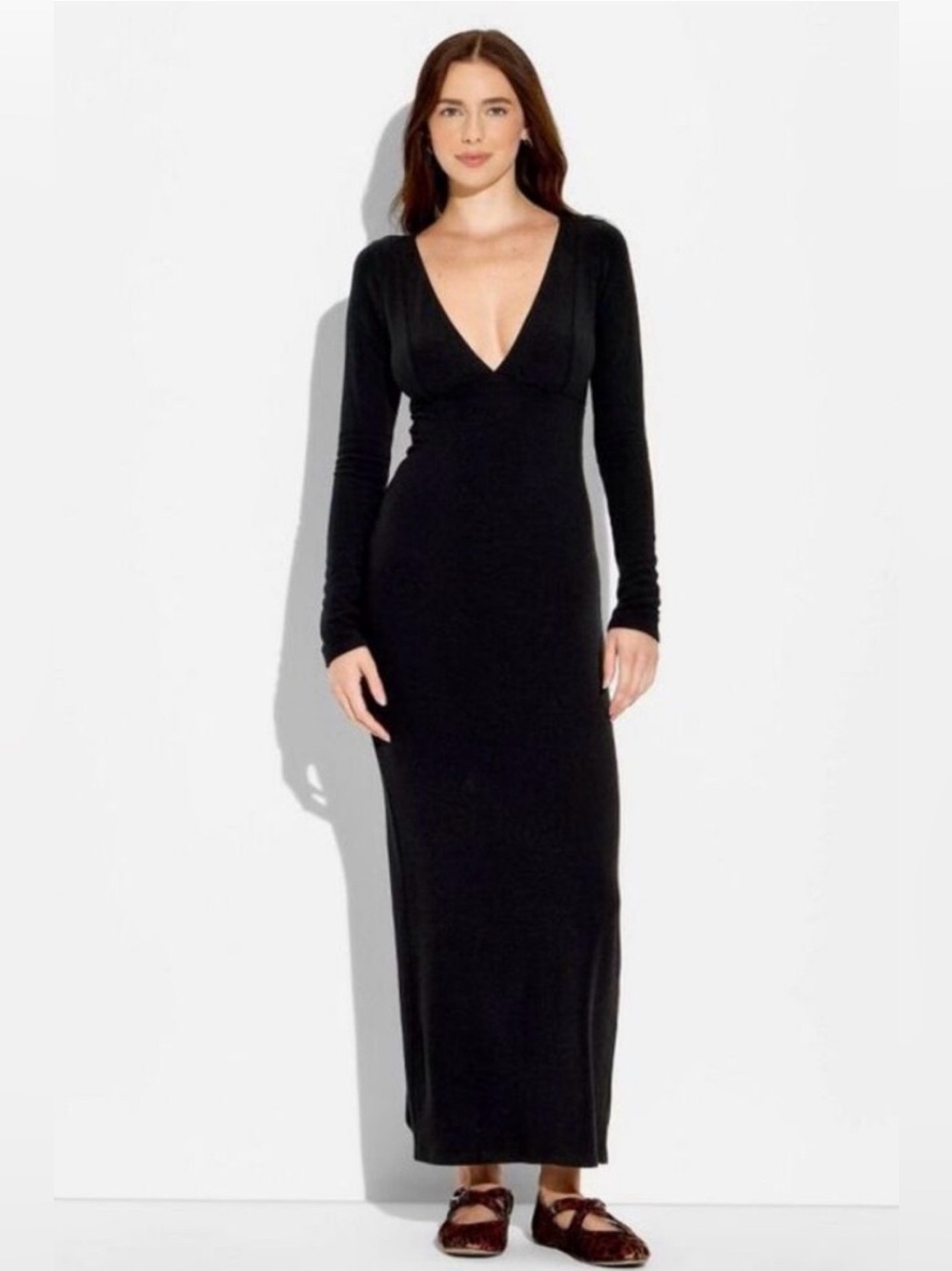 wild fable Black Long Sleeve Deep V Maxi Dress